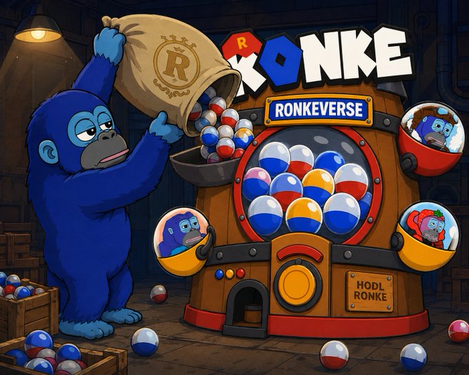 Cartoon illustration featuring a blue gorilla pouring capsules into a machine labeled "RONKEVERSE" with "RONKE" branding and "HODL RONKE" signage.