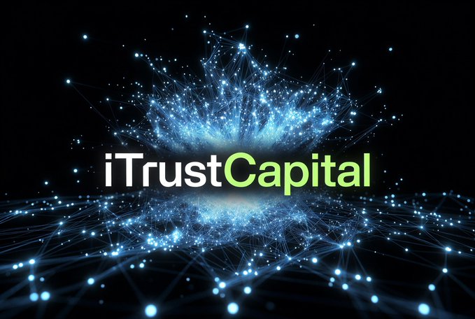 The image displays the "iTrustCapital" logo in white and green text against a black background, surrounded by glowing blue network nodes and digital light effects that suggest connectivity and modern finance. The futuristic, tech-inspired design visually reinforces the post's message about transitioning from outdated 401(k) systems to a more innovative, self-directed IRA platform for owning precious metals and cryptocurrencies.