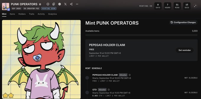 Screenshot of a "PUNK OPERATORS" NFT minting page showing a countdown timer and a cartoon character with green hair, red skin, and a pacifier.