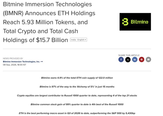 News article: "Bitmine Immersion Technologies (BMNR) Announces ETH Holdings Reach 5.93 Million Tokens, and Total Crypto and Total Cash Holdings of $15.7 Billion."