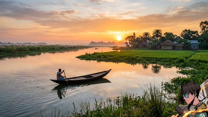 The image features a man sitting inside a boat, rowing towards the horizon as the sun rises over a river. The scene takes place during sunrise or sunset, creating a serene atmosphere with warm hues of orange and yellow lighting. In the background, there are several buildings visible along the riverbank, adding to the picturesque setting. A person is also present in the image, standing near one of these buildings, possibly observing the boat's journey or enjoying the view. The post appears to be a discussion about an interesting project called Dropee, which has been gaining traction on Telegram and is being distributed by T-1 The Convergence Post.
