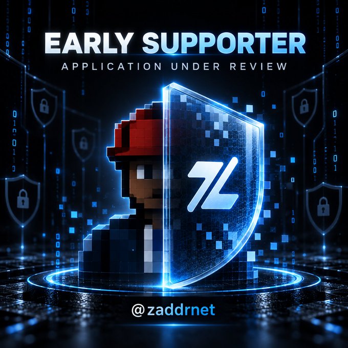 Digital graphic showing a pixelated character in a red cap behind a blue shield with a stylized 'Z' logo, with text 'EARLY SUPPORTER APPLICATION UNDER REVIEW' and '@zaddrnet' at the bottom.