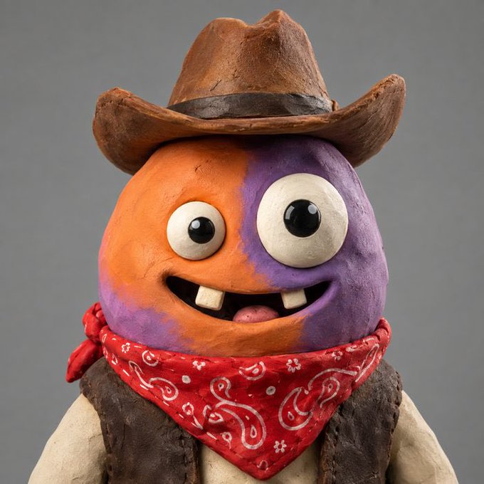 3D rendered close-up of a whimsical, cartoonish character with orange and purple skin, large uneven eyes, buck teeth, a brown cowboy hat, and a red paisley bandana around its neck.