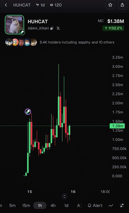A cryptocurrency chart interface shows the token HUHCAT with a market cap of $1.38M, a 1132.2% increase, and 5.4K holders including 'sapphy', displayed on a green and red candlestick chart.