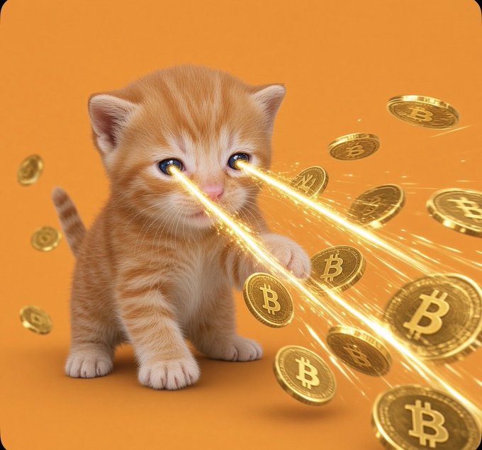 An AI-generated orange kitten with glowing laser-beam eyes shooting gold Bitcoin coins across an orange background.