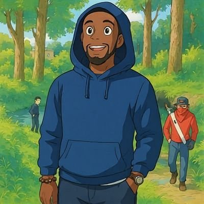 An illustration of a smiling man in a blue hoodie standing in a lush green forest, with two other figures visible in the background.