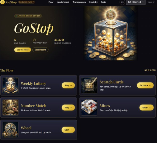 A dark-themed gambling website called GoStop features games like Weekly Lottery, Scratch Cards, Number Match, Mines, and Wheel, with 31.37M NUSD wagered and options to Play or Enter.