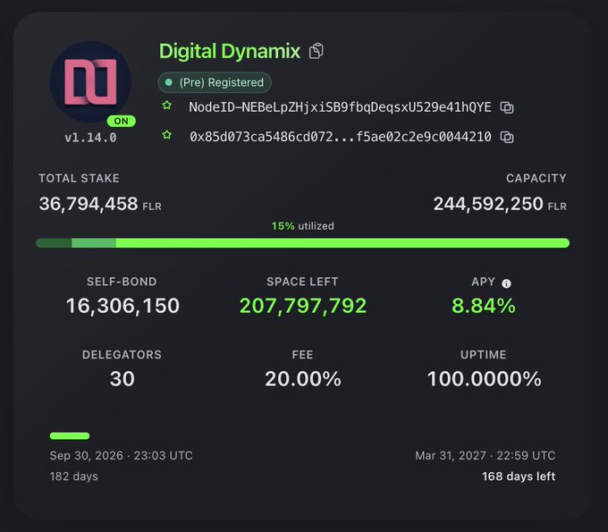A digital dashboard displays information for 'Digital Dynamix' validator, showing a total stake of 36,794,458 FLR, capacity of 244,592,250 FLR at 15% utilization, 30 delegators, a 20.00% fee, and 100.00000% uptime.