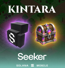 A promotional graphic for 'KINTARA' featuring a dark cube with an 'S' logo and an ornate treasure chest against a dark green background, labeled 'Seeker' and available on Solana and Mobile.