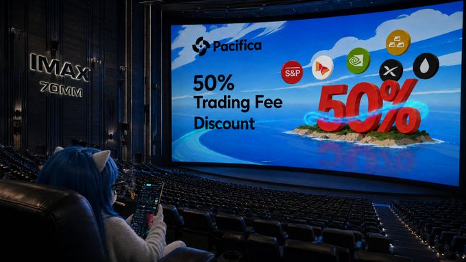An advertisement for the Pacifica exchange displayed on an IMAX screen shows a 50% Trading Fee Discount alongside various cryptocurrency logos, while a person sits in the theater seats below.