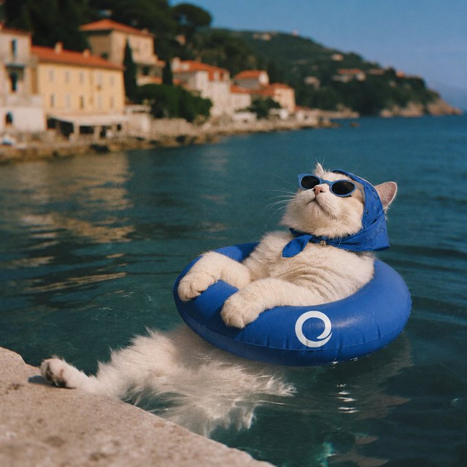 A white cat wearing sunglasses and a blue bandana, lounging on a blue inflatable ring in the water with a coastal Mediterranean village in the background.