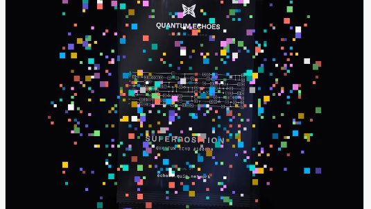 Digital artwork featuring colorful pixelated confetti over a dark background with the text 'QUANTUMECHOES' and 'SUPERPOSITION' amid a tech-inspired design.