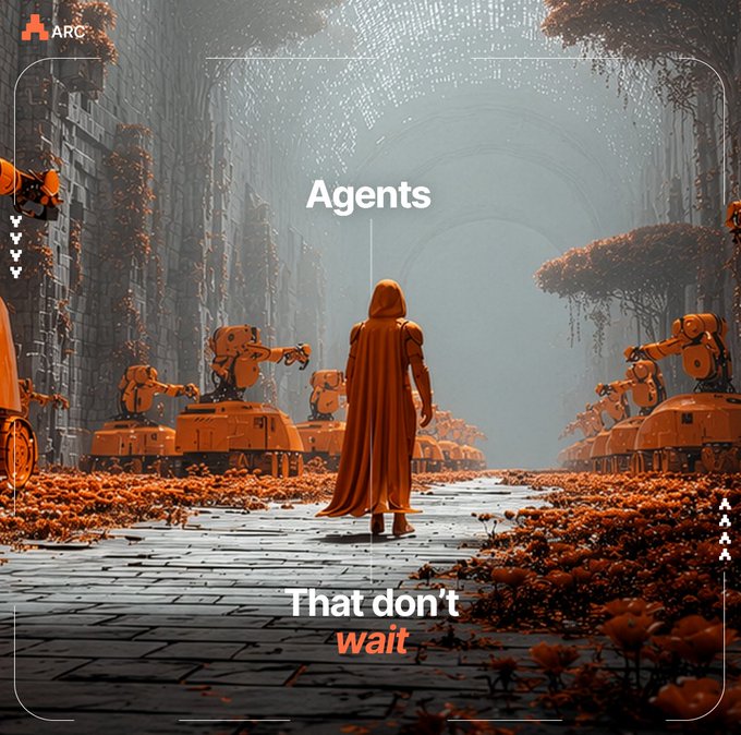 The image features a man standing in front of an orange robot, which appears to be a part of a futuristic cityscape. The caption above the image reads "Agents" while below it there's a quote that says "That don't wait". This quote seems to be related to the post about web3 and agents on the Arc website.