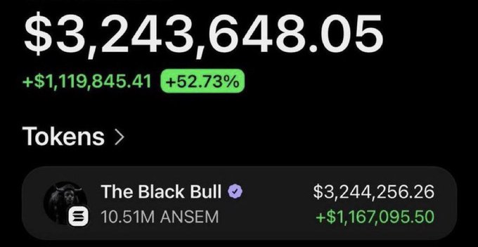 The image shows a portfolio screenshot displaying a total balance of $3,243,648.05 with a gain of +$1,119,845.41 (+52.73%), specifically highlighting "The Black Bull" wallet holding 10.51M $ANSEM tokens valued at $3,244,256.26. This visual corresponds to the post's claim of turning a $230 investment into over $3.2 million in profit through the $ANSEM memecoin, illustrating the life-changing gains being celebrated.
