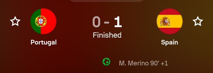 A finished match scorecard showing Portugal 0-1 Spain, with M. Merino scoring at 90'+1'.
