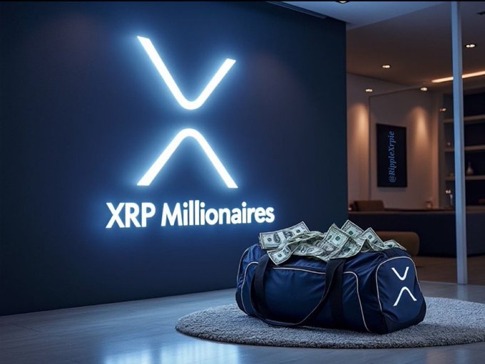 A glowing XRP logo and the text "XRP Millionaires" are displayed on a dark wall above a duffel bag overflowing with cash, visually reinforcing the post's claim that $XRP will create multi-millionaires.