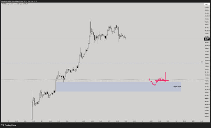 A TradingView chart of BTC/USD on Aug 23, 2025, showing a pullback from recent highs near $78,000 down to a highlighted single-price zone around $72,400, with an upward arrow suggesting a continuation setup confluent with the mid-range and 8-week composite VAH.