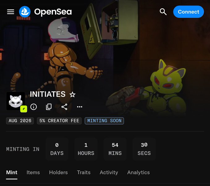 Screenshot of an OpenSea NFT collection page titled "INITIATES" showing a countdown timer of 0 days, 1 hour, 54 mins, 30 secs to minting, with robotic and animal characters in the background.