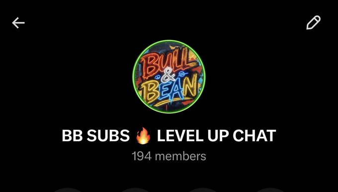 The image displays a chat group titled "BB SUBS 🔥 LEVEL UP CHAT" with 194 members, featuring a colorful "Bull & Bean" logo, which relates to the post celebrating the subscriber chat's growth.