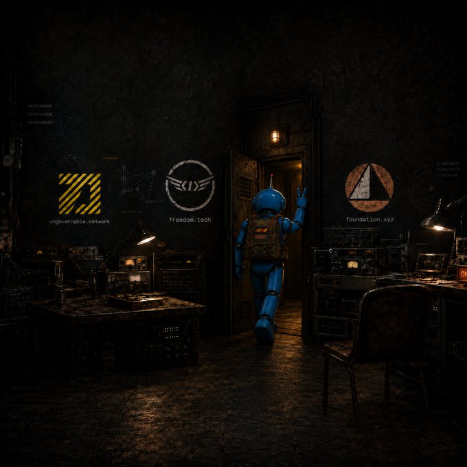 A dark, moody digital artwork showing a blue robot with a backpack making a peace sign while walking through a doorway, with logos for "ungovernable.network", "freedom.tech", and "foundation.xyz" displayed on the walls.