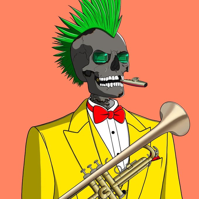 An illustrated skull with a green mohawk and emerald eyes, wearing a yellow suit and red bowtie, holds a trumpet and has a cigar in its mouth.