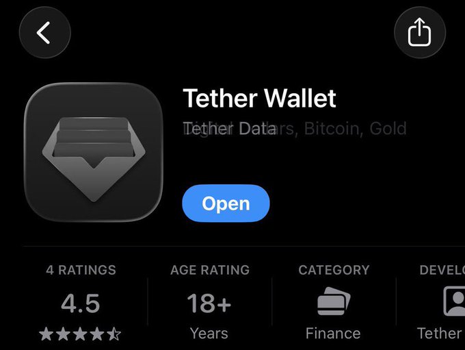 An App Store listing for the Tether Wallet, showing a 4.5 rating from 4 reviews, an 18+ age rating, and the Finance category, matching the poster's mention of downloading it from the App Store.