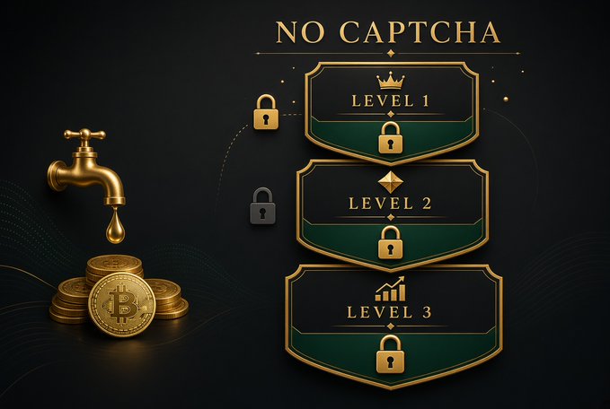 A promotional graphic titled "NO CAPTCHA" showing three locked levels (Level 1, 2, 3) with a golden faucet dripping onto a stack of Bitcoin coins.