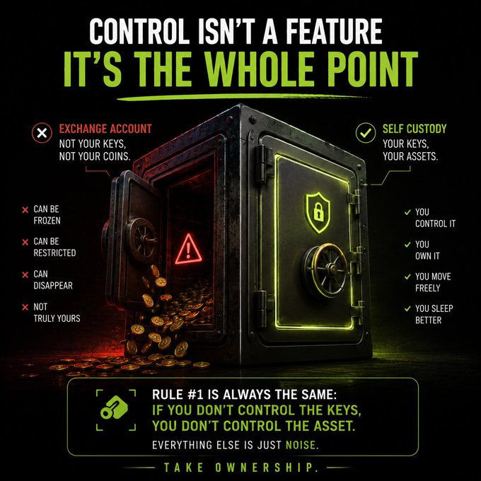 Promotional graphic about self-custody with text 'CONTROL ISN'T A FEATURE IT'S THE WHOLE POINT,' contrasting exchange accounts (can be frozen, restricted, disappear) with self custody benefits.