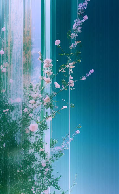 An artistic, soft-focus image of delicate pink flowers and green foliage set against a blue sky, with vertical streaking effects.