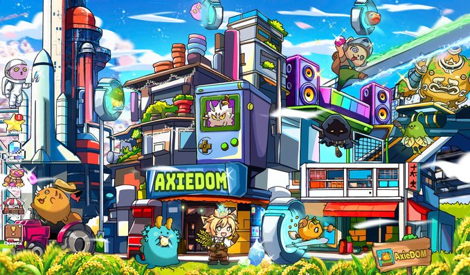 A colorful animated illustration of the 'AXIEDOM' featuring various chibi-style characters in a vibrant cartoon city with rocket ships, speakers, and playful creatures.