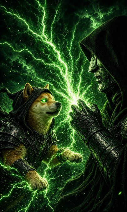 A fantasy digital artwork depicting an armored Shiba Inu dog with glowing green eyes facing a dark, cloaked skeletal figure amidst intense, crackling green lightning.