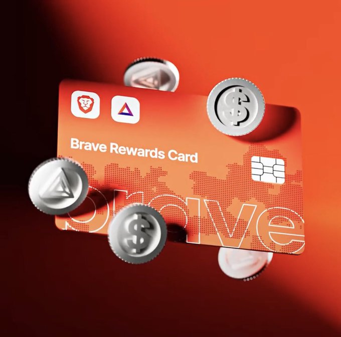 A promotional graphic for a 'Brave Rewards Card' shown in orange tones, surrounded by floating cryptocurrency tokens including Basic Attention Token and USDC, with 'brave' written in large outlined letters across the card.