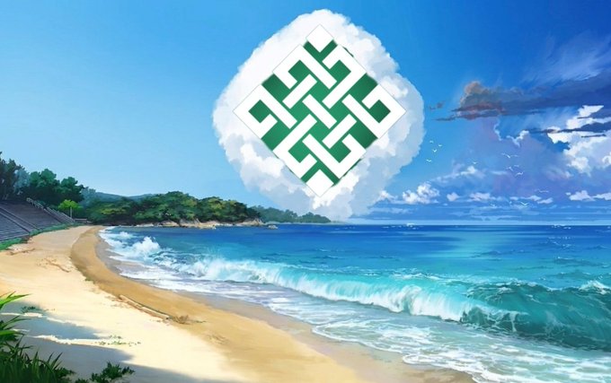 A digital artwork combining a tropical beach scene with turquoise ocean waves and white clouds featuring a green Chinese knot/endless knot symbol overlaid in the center sky.