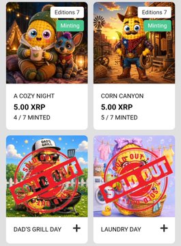 A mobile app interface displaying four NFT collections with prices in XRP: "A COZY NIGHT" and "CORN CANYON" at 5.00 XRP marked as Minting, while "DAD'S GRILL DAY" and "LAUNDRY DAY" are marked as Sold Out with red stamps.