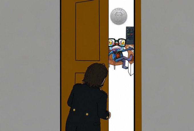 A person in a dark suit peeks through a partially opened door at a colorful, wide-eyed frog character lounging in a chair, with a $TIBBIR coin symbol floating above—visually capturing the "was right szn" energy of the TIBBIR token's triumphant moment.