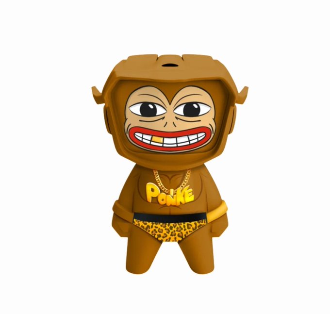 A small, stylized designer toy figure of a character with a large head, brown helmet-like hair, a wide grinning mouth with one gold tooth, and a brown outfit with 'PonkE' written on the chest.
