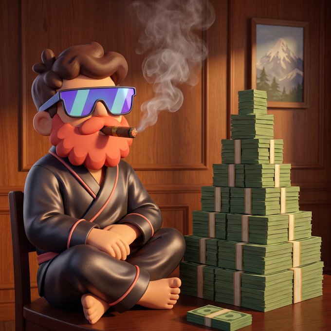 A stylized 3D cartoon illustration of a bearded man wearing reflective blue sunglasses and a dark robe, smoking a cigar while seated beside a towering pyramid of green money stacks.