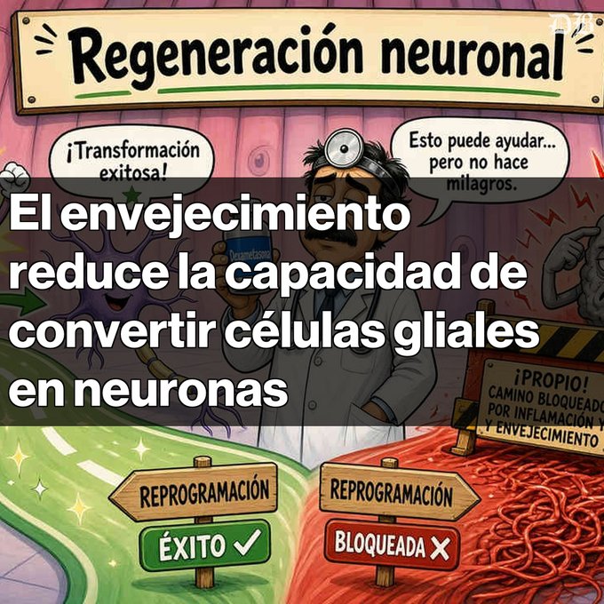 2: A Spanish-language infographic titled 'Regeneración neuronal' explains that aging reduces the ability to convert glial cells into neurons, showing paths labeled 'REPROGRAMACIÓN ÉXITO ✓' and 'REPROGRAMACIÓN BLOQUEADA ✗'.