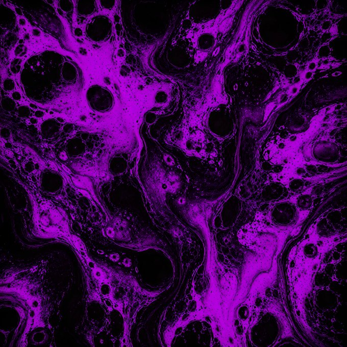 An abstract fluid art texture featuring swirling, marbled patterns of bright magenta-purple and black with bubble-like circular formations.