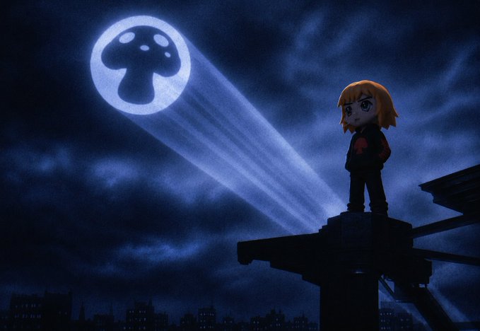 An animated scene depicts a small, blonde-haired character standing on a rooftop at night, looking up at a glowing mushroom-shaped moon shining beams of light into a cloudy sky.