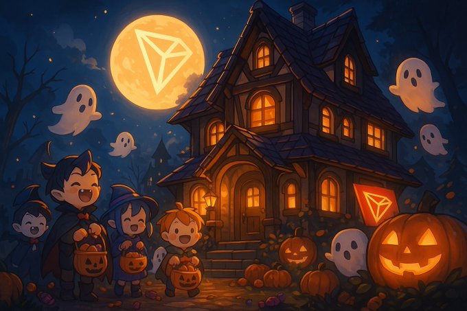 A digital Halloween-themed illustration featuring children trick-or-treating near a spooky haunted house with a glowing jack-o'-lantern sign. Ghosts float around the scene under a full moon that bears the glowing TRON (TRX) logo.