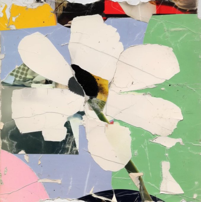 A collage-style artwork featuring a white flower against a colorful background of torn paper fragments in green, blue, pink, and other hues, with a bee visible near the flower's center. The image serves as the visual artwork for a newly minted NFT on the Ethereum mainnet, symbolizing growth and blooming potential as referenced by the "Frag_Growth" collection name.