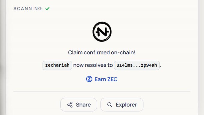 A Zcash Name Service (ZNS) confirmation screen showing 'Claim confirmed on-chain!' with the username 'zechariah' resolving to a Zcash address (u141ms...zp94ah), offering options to 'Earn ZEC', 'Share', or 'Explorer'.