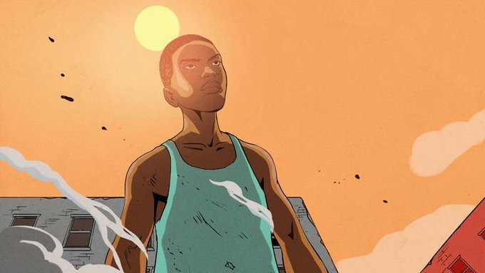 An animated illustration of a young man in a teal tank top standing against an orange sunset sky with a sun visible behind him.