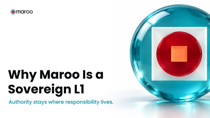 Promotional graphic for 'maroo' with the headline 'Why Maroo Is a Sovereign L1' and tagline 'Authority stays where responsibility lives,' featuring a blue glass sphere containing a red circle with an orange square.