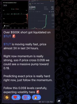 A Telegram message with a SUI price chart that discusses a $500K liquidation on $TUT, noting the price is 'moving really fast, price almost 3X in last 24 hours' and predicting a pump toward 0.1$ if it crosses 0.05$.