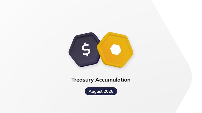 A digital graphic featuring two 3D hexagonal coins, one dark with a dollar sign and one orange, accompanied by the text "Treasury Accumulation" and "August 2026".