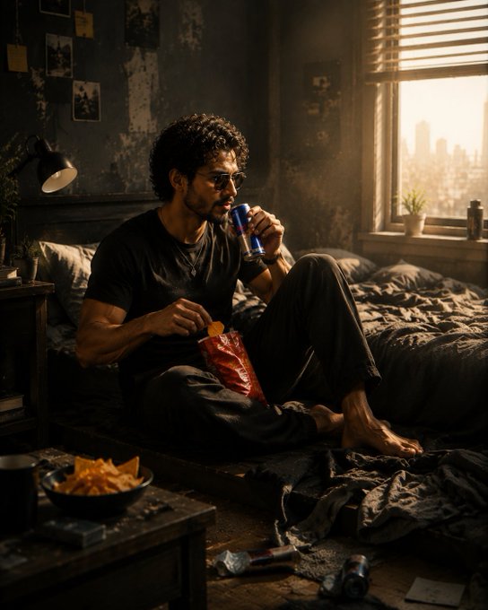 A cinematic, dimly lit illustration of a curly-haired man wearing sunglasses sitting on a bed in a gritty room, drinking from a Red Bull can and holding a bag of chips.