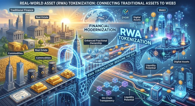 An infographic titled 'REAL-WORLD ASSET (RWA) TOKENIZATION: CONNECTING TRADITIONAL ASSETS TO WEB3' showing traditional finance bridging to digital assets with DYORI token, highlighting financial modernization and on-chain transparency.