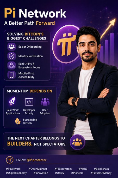 The image is a promotional graphic for "Pi Network - A Better Path Forward," featuring a man in a black blazer and white shirt standing with crossed arms beside the Pi Network logo. It highlights Pi's mission to solve Bitcoin's biggest challenges through easier onboarding, identity verification, real utility, and mobile-first accessibility, while emphasizing that momentum depends on real-world applications, developer activity, user adoption, and sustainable growth. The graphic reinforces the post's message that Pi is taking a different, more accessible approach to digital currency compared to Bitcoin.